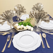 White with Silver Dots Round Blossom Disposable Plastic Wedding Value Set, SKU 980-S-VS20, includes 10.25" dinner plates, 7.5" appetizer plates, 7.25" forks, 8" knives, 6.25" spoons, and 4.5" cups