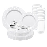 White with Silver Dots Round Blossom Disposable Plastic Wedding Value Set, featuring a refined floral design adorned with delicate silver dots, perfect for infusing your wedding or special event with timeless elegance
