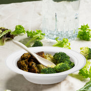 White with Silver Edge Rim Plastic Soup Bowl showcasing meat, rice, and broccoli in a sleek, stylish design