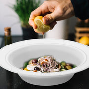White with Silver Edge Rim Plastic Soup Bowl with elegant silver detailing, served with mixed vegetables and olives