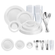 White with Silver Edge Rim Plastic Wedding Value Set with silver cutlery, offering a refined design with elegant white plates and a silver-edged rim, perfect for sophisticated events