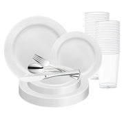 White with Silver Edge Rim Plastic Wedding Value Set with silver cutlery offers refined style for elegant celebrations
