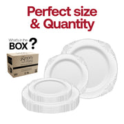 White with Silver Fancy Dinner Plate measures 10.25 inches, ideal for main courses and formal presentations