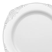 White with Silver Fancy Round Disposable Plastic Dinner Plates