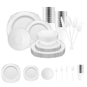 White with Silver Fancy Round Tableware Set adds polished style and grace to weddings, galas, and upscale celebrations