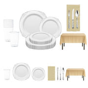 White with Silver Fancy plates and silver baroque cutlery set the scene in the Neutral Territory Baby Shower Set.