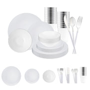White with Silver Organic Disposable Plastic Tableware Set with silver cutlery brings natural elegance to refined gatherings