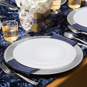 White with Silver Rim Organic Round Disposable Plastic Wedding Value Set, SKU 930WHSVS20, includes 10.25" dinner plates, 7.5" appetizer plates, 7.25" forks, 8" knives, 6.25" spoons, and 4.5" cups