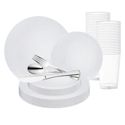 White with Silver Rim Organic Round Disposable Plastic Wedding Value Set with silver cutlery, featuring a pristine white design complemented by a sleek silver rim, ideal for crafting an elegant and polished table setting