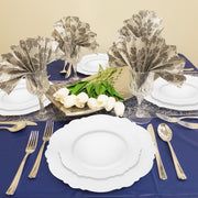 White with Silver Rim Round Blossom Disposable Plastic Wedding Value Set, SKU 4840WHS-VS20, includes 10" dinner plates, 7.5" appetizer plates, 7.25" forks, 8" knives, 6.25" spoons, and 4.5" cups