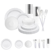 White with Silver Vintage Disposable Plastic Tableware Set brings timeless elegance and soft refinement to upscale occasions