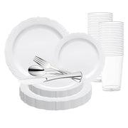 White with Silver Vintage Rim Round Disposable Plastic Wedding Value Set, designed to bring classic elegance and charm to your event table setting