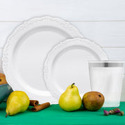 White with Silver Vintage Tableware Set arranged with lace and white florals.