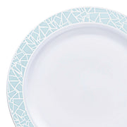 White with Turquoise Blue and Silver Mosaic Rim Round Plastic Dinner Plates 