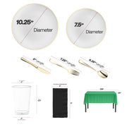 White with gold dinner plates and salad plates complement black napkins for bold contrast.