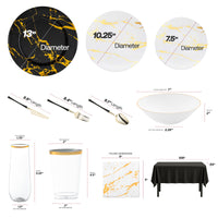 White with gold dinnerware paired with black and gold flatware for an upscale look.