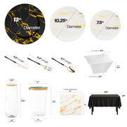 White with gold dinnerware paired with black and gold flatware for an upscale look
