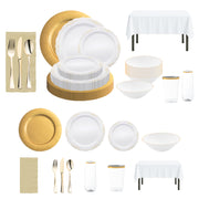 White with gold dinnerware set featuring elegant plates, bowls, and cutlery for 50 or 100 guests.