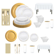 White with gold dinnerware set featuring elegant plates, bowls, and cutlery for 50 or 100 guests.