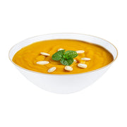 White with gold rim organic dessert bowls, 6 oz round design, disposable and perfect for upscale dining or events