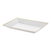 White with gold rim trays bring elegance to buffets, ideal for upscale food presentation.