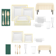 White with gold wedding dinnerware paired with hunter green napkins for a chic reception style.
