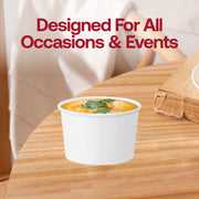With a smooth white exterior that matches any décor, 6 oz Squat Paper Soup Cups elevate casual parties and corporate luncheons