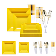 Yellow Square Disposable Plastic Tableware Set adds vibrant, modern flair to weddings, parties, and stylish celebrations