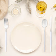 adds a stylish accent to formal and casual gatherings Silver with White Handle Moderno Disposable Plastic Dinner Forks