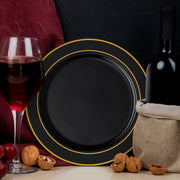 crafted for upscale occasions and easy disposal Black with Gold Edge Rim Plastic Dinner Plates (10.25")