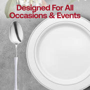 enhances the dining experience with premium look and feel Silver with White Handle Moderno Disposable Plastic Cutlery Set - 20 Spoons, 20 Forks and 20 Knives.