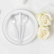 enhances the dining experience with premium look and feel Silver with White Handle Moderno Disposable Plastic Cutlery Set - 20 Spoons, 20 Forks and 20 Knives