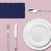pink tablecloth with navy napkins and silver cutlery creating a dreamy baby shower vibe