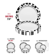 white 7.5-inch disposable plastic plate with black Dalmatian spots, ideal for appetizers or salads