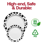 white disposable plastic plates featuring a black Dalmatian spot design BPA Free