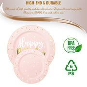 10.25" Pink with White and Gold Birthday Round Disposable Plastic Dinner Plates BPA