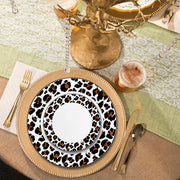 10.25" White with Black and Brown Leopard Print Rim Round Disposable Plastic Dinner Plates