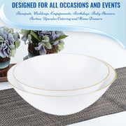 6 oz. White with Gold Rim Organic Round Disposable Plastic Dessert Bowls Lifestyle